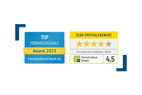 Siegel der Portale FernstudiumCheck und Fernstudium Infos für 2025 mit Bewertungen "Top Fernhochschule" und "Exzellenter Anbieter".