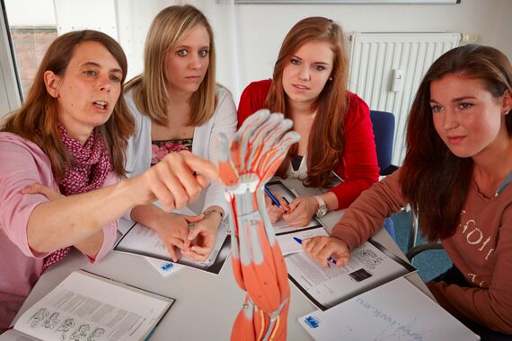 Fernstudium-Studentinnen-erklären-die-Handmuskeln-anhand-eines-Modells