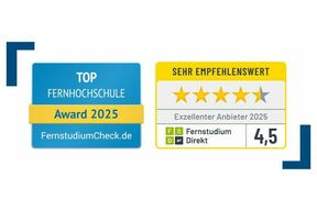 Die Auszeichnungen von FernstudiumCheck und Fernstudium Direkt für 2025 als als Grafik nebeneinander. 