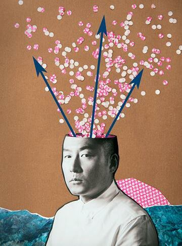 Collage aus asiatischem Kopf, offen, mit Pfeilen daraus nach oben