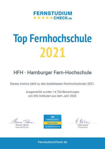 Urkunde Top Fernhochschule 2021 von Fernstudiumcheck.de